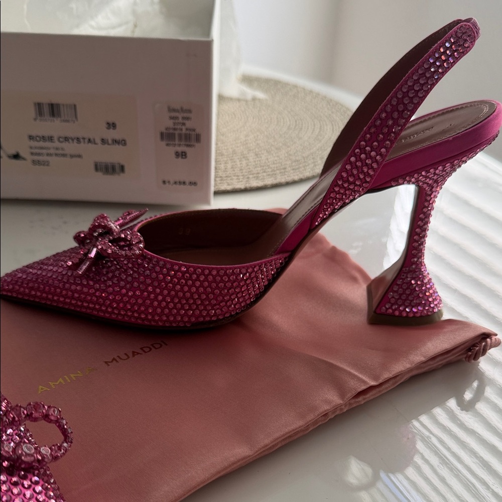Amina Muaddi Fuchsia Crystal Slingback Pumps with Bow - Picture 5 of 14